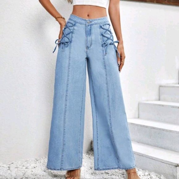 Lace Up Front Wide Leg Jeans